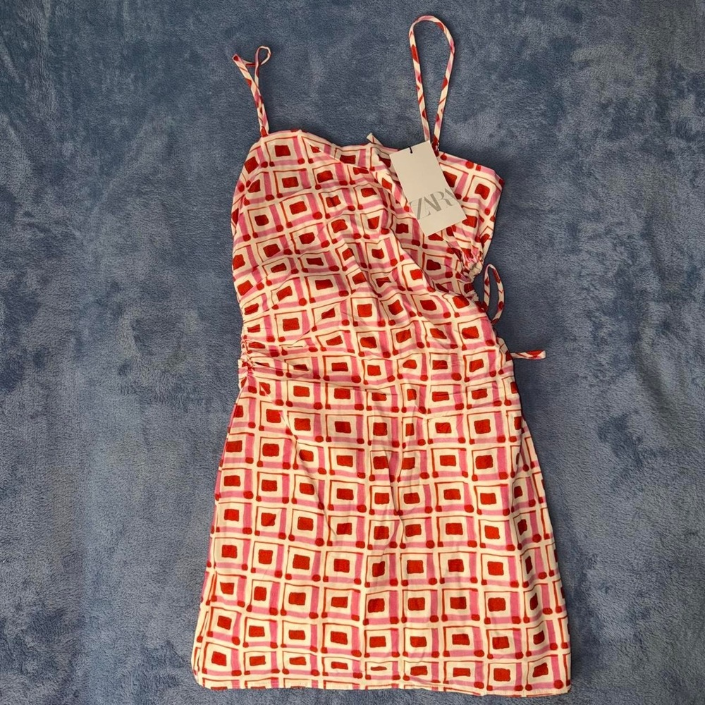 Zara white and red geometric square pattern mini dress